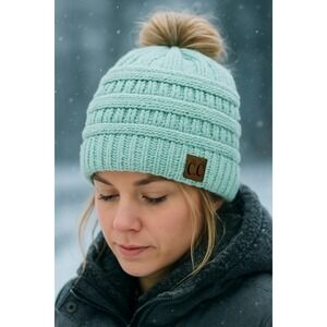 C.C‎ Cable Knit Messy Bun Ponytail Beanie Womens Winter Hat Turquoise Warm Soft